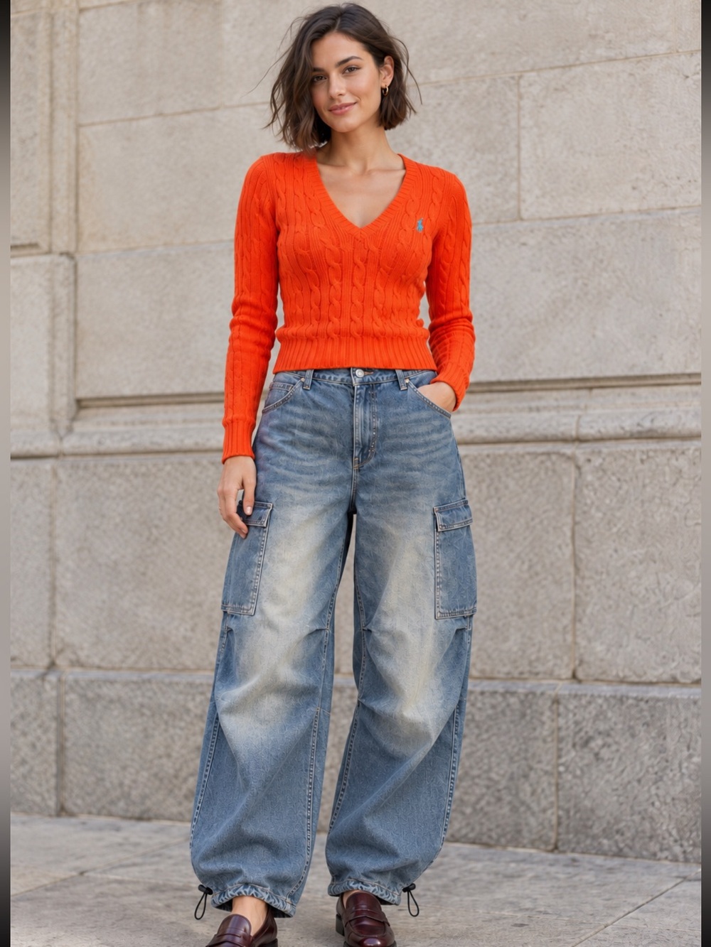 Ralph Lauren Sport orange Cable Knit V-Neck Sweater Size Medium (Fits Like Sml)